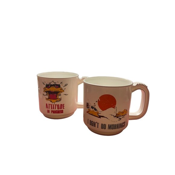 Vintage 80s USA Cartoon Duck Coffee Mugs Funny Slogans Stackable Plastic Handles - Picture 2 of 13